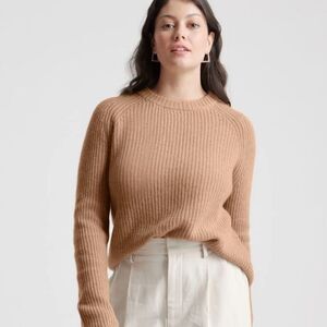 Quince 100% Cashmere Ribbed Fisherman Crew Jenni Kayne Style Camel Tan Sweater L